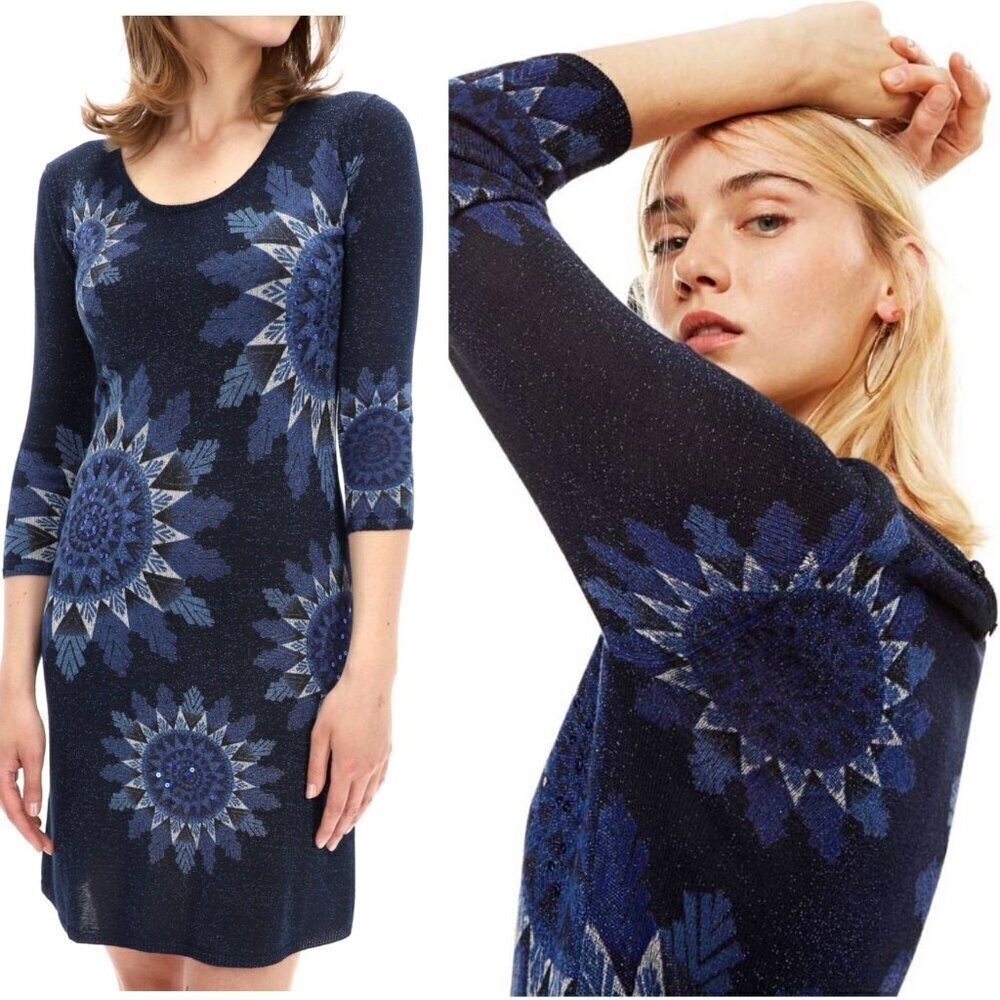 Sz M- Desigual Helen Sparkly Mandala Sequin Scoopneck Knit Mini Dress 3/4 Sleeve